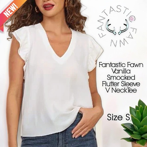 Fantastic Fawn Vanilla Smocked Flutter Sleeve V Neck Tee - Picture 14 of 14